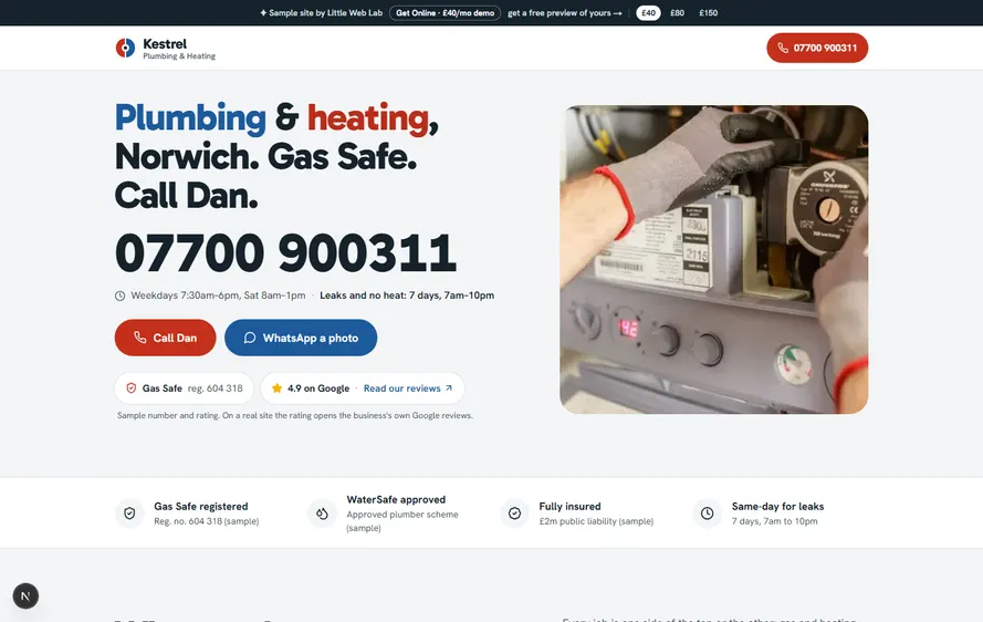 Kestrel Plumbing & Heating — Plumber & heating engineer website built by Little Web Lab