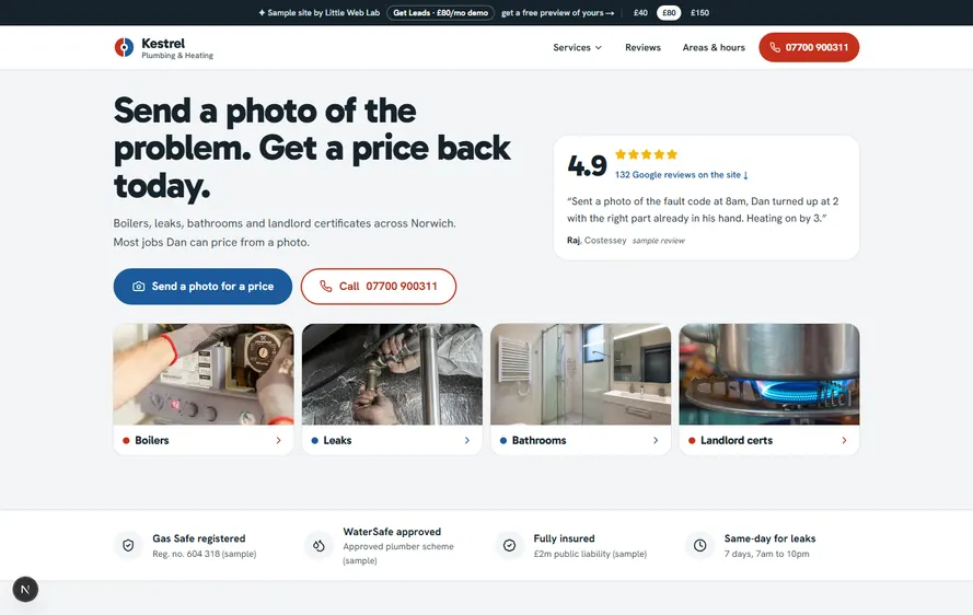Kestrel Plumbing & Heating — Plumber & heating engineer website built by Little Web Lab